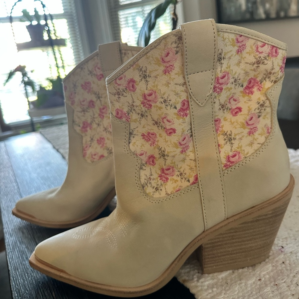Dolce Vita Cream Ankle Boots with Pink Floral Panels